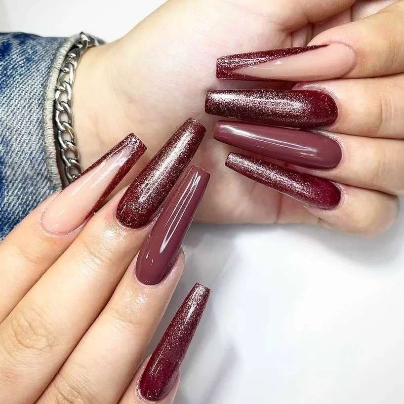 Glossy bordeaux coffin manicure